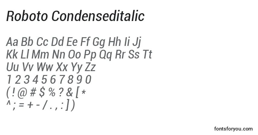 Czcionka Roboto Condenseditalic – alfabet, cyfry, specjalne znaki