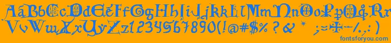 12th C  Fancy Caps Font – Blue Fonts on Orange Background