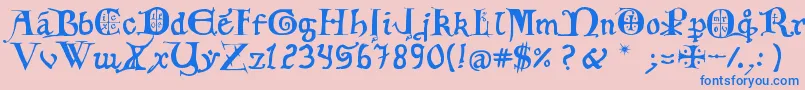 12th C  Fancy Caps Font – Blue Fonts on Pink Background