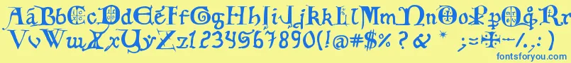 12th C  Fancy Caps Font – Blue Fonts on Yellow Background