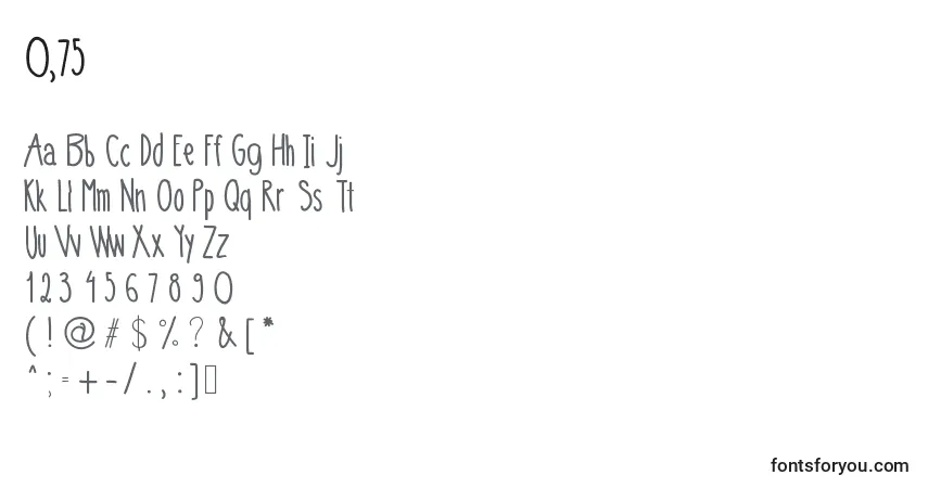 A fonte 0,75 – alfabeto, números, caracteres especiais