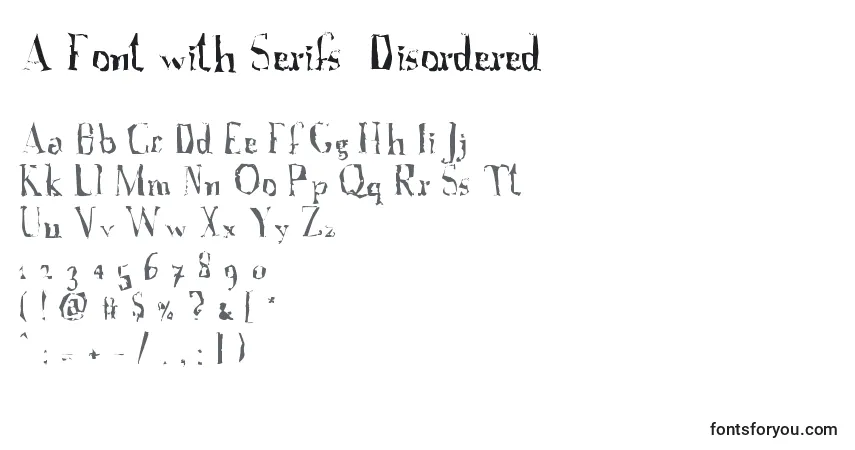 A fonte A Font with Serifs  Disordered – alfabeto, números, caracteres especiais