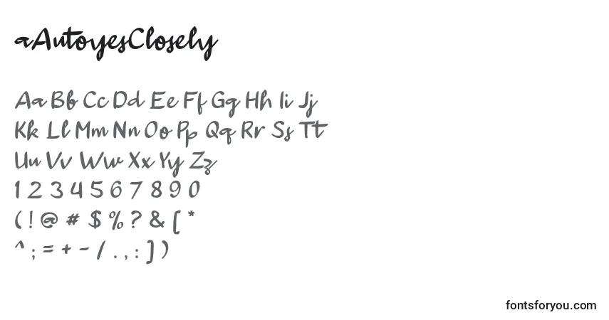 A fonte AAutoyesClosely – alfabeto, números, caracteres especiais