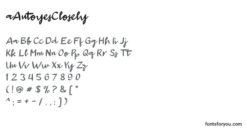 Fuente AAutoyesClosely (118601) - alfabeto, números, caracteres especiales