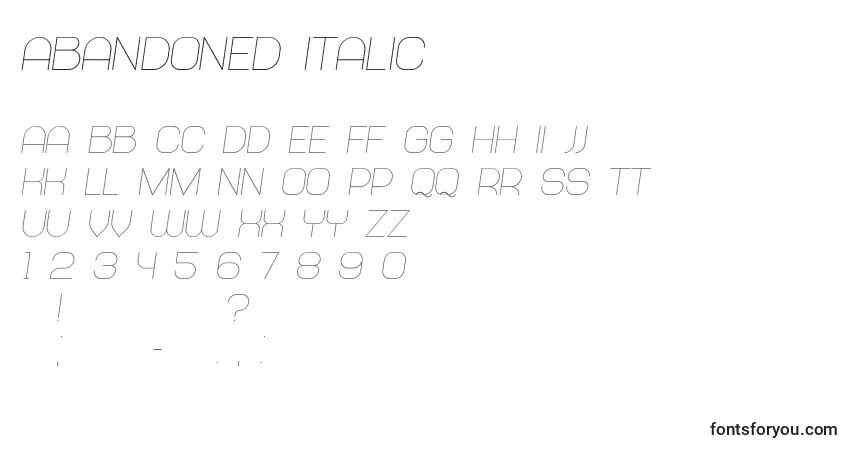 Schriftart Abandoned Italic – Alphabet, Zahlen, spezielle Symbole