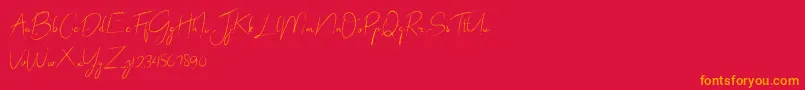 abrakadabra-Schriftart – Orangefarbene Schriften auf rotem Hintergrund