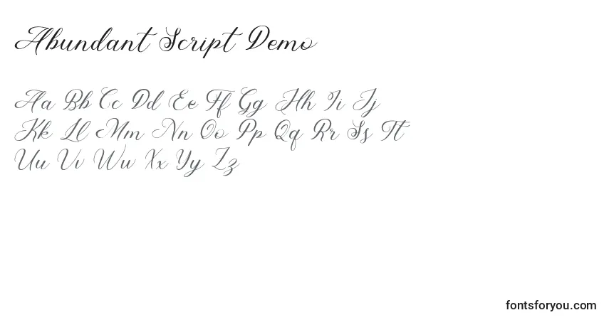 Czcionka Abundant Script Demo – alfabet, cyfry, specjalne znaki