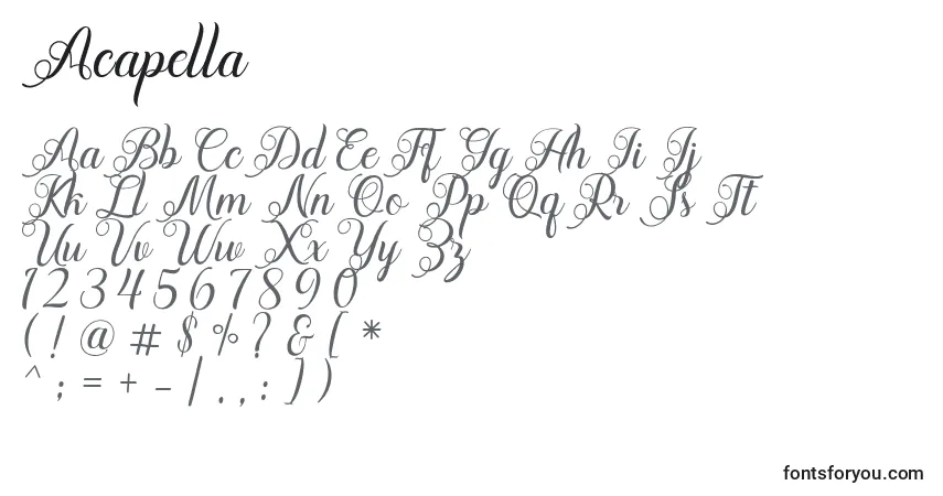 Schriftart Acapella – Alphabet, Zahlen, spezielle Symbole