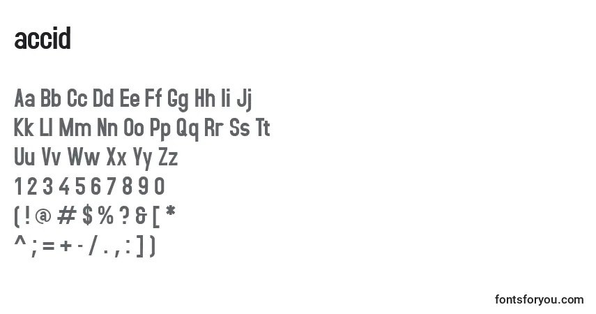 A fonte Accid    (118681) – alfabeto, números, caracteres especiais