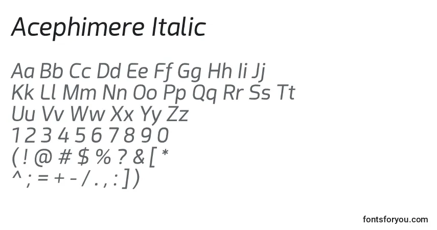 Schriftart Acephimere Italic – Alphabet, Zahlen, spezielle Symbole