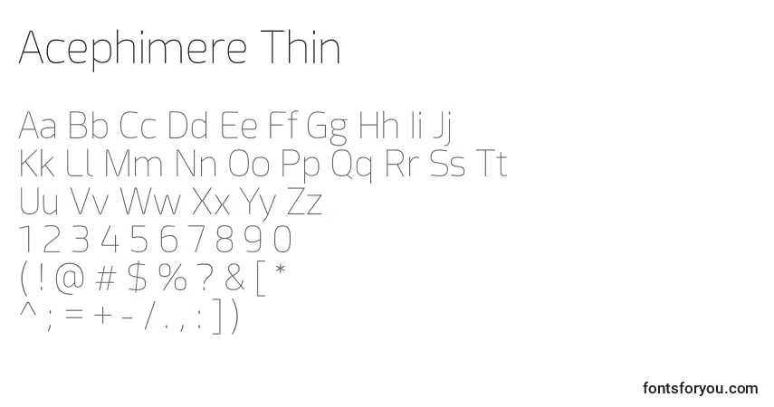 A fonte Acephimere Thin – alfabeto, números, caracteres especiais