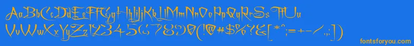 フォントAchafexp – オレンジ色の文字が青い背景にあります。