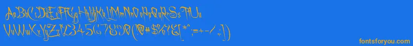 フォントAchaflft – オレンジ色の文字が青い背景にあります。