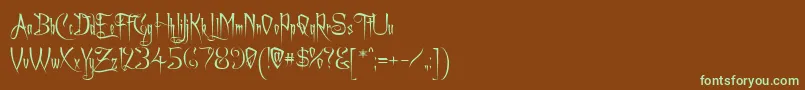 フォントAchafont – 緑色の文字が茶色の背景にあります。