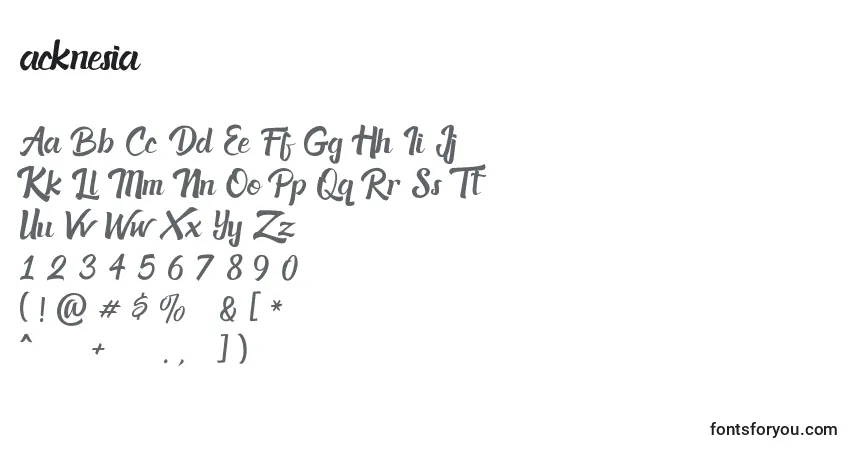 A fonte Acknesia (118701) – alfabeto, números, caracteres especiais