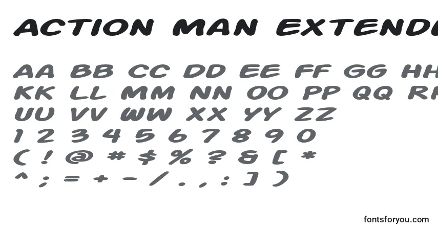 Шрифт Action Man Extended Bold Italic – алфавит, цифры, специальные символы