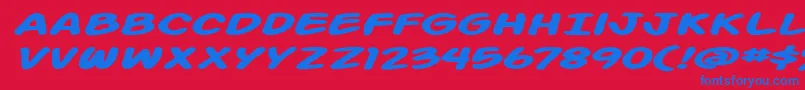 Action Man Extended Bold Italic-Schriftart – Blaue Schriften auf rotem Hintergrund