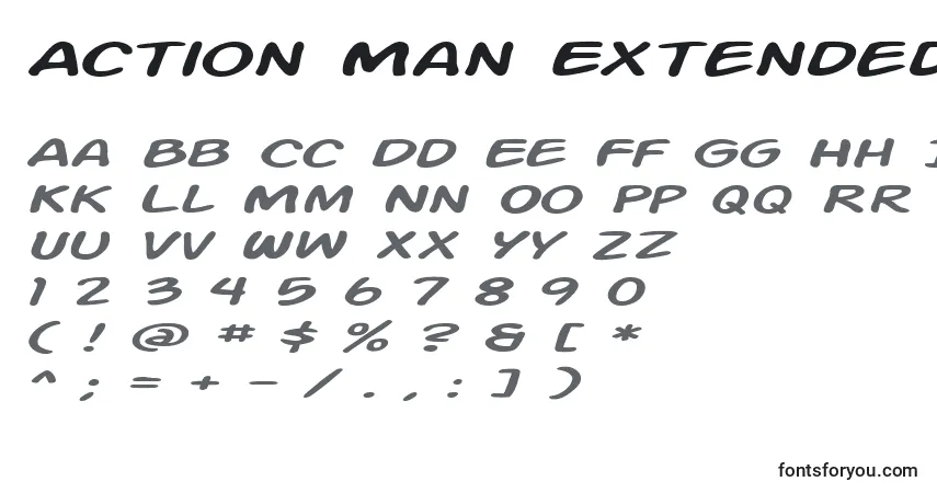 Шрифт Action Man Extended Italic – алфавит, цифры, специальные символы