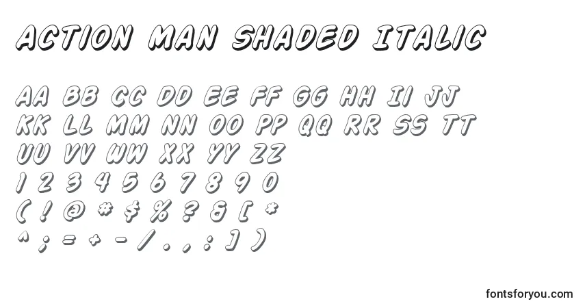 Шрифт Action Man Shaded Italic – алфавит, цифры, специальные символы