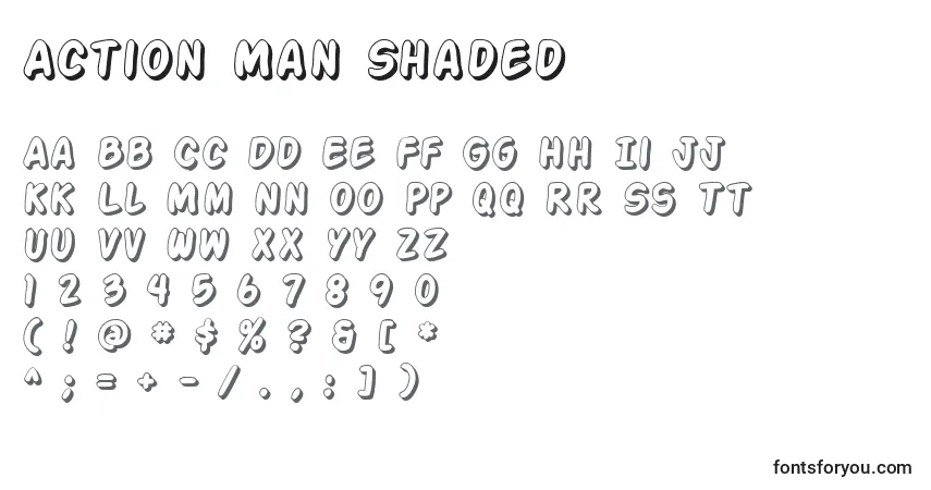 Schriftart Action Man Shaded – Alphabet, Zahlen, spezielle Symbole