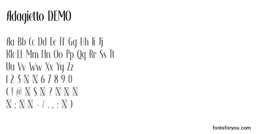 A fonte Adagietto DEMO – alfabeto, números, caracteres especiais