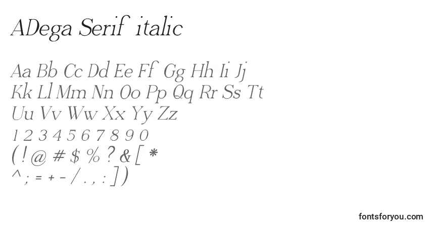 Czcionka ADega Serif italic – alfabet, cyfry, specjalne znaki