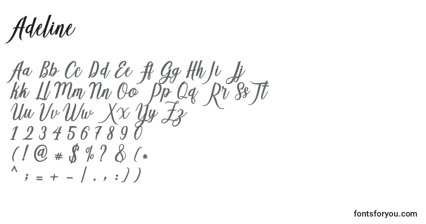 Czcionka Adeline – alfabet, cyfry, specjalne znaki