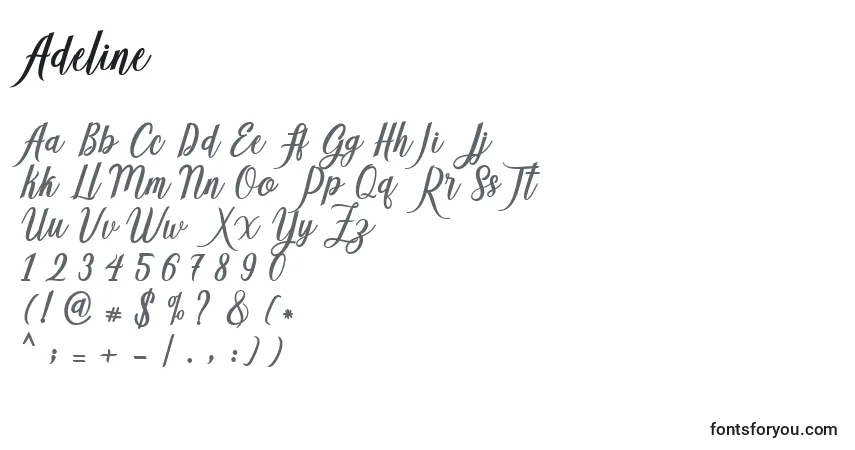 Schriftart Adeline (118742) – Alphabet, Zahlen, spezielle Symbole