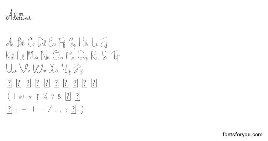 Czcionka Adellina – alfabet, cyfry, specjalne znaki