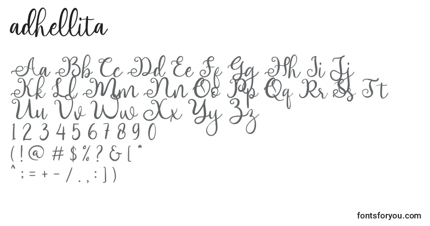 Schriftart Adhellita – Alphabet, Zahlen, spezielle Symbole