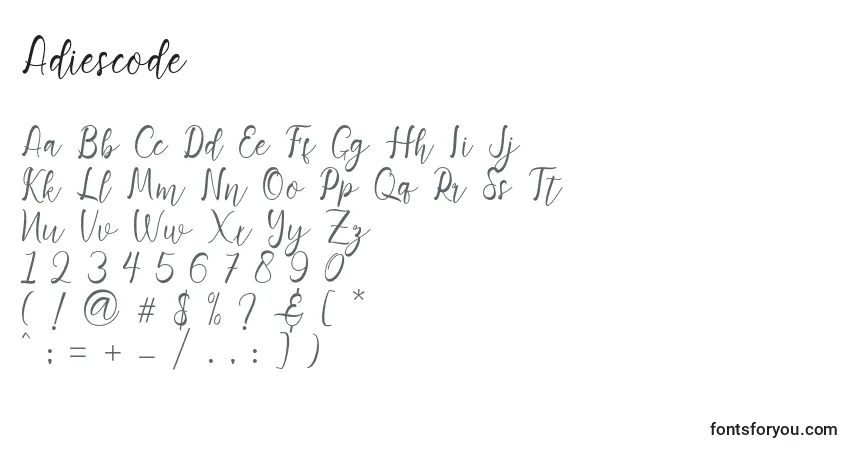 Czcionka Adiescode – alfabet, cyfry, specjalne znaki