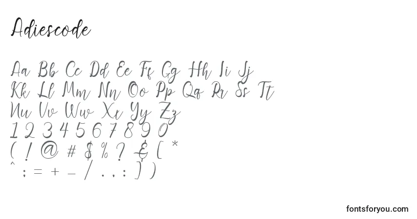 A fonte Adiescode (118760) – alfabeto, números, caracteres especiais