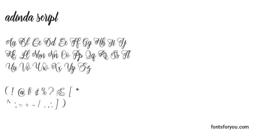Fuente Adinda script - alfabeto, números, caracteres especiales