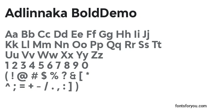 A fonte Adlinnaka BoldDemo – alfabeto, números, caracteres especiais