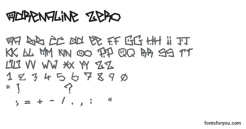 A fonte Adrenaline Zero – alfabeto, números, caracteres especiais