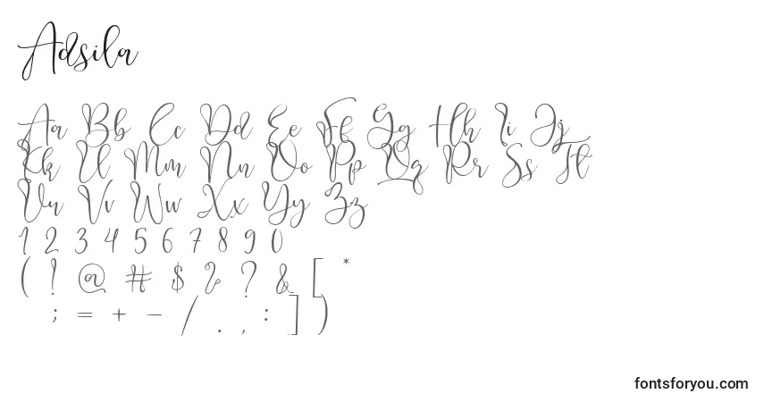 A fonte Adsila – alfabeto, números, caracteres especiais