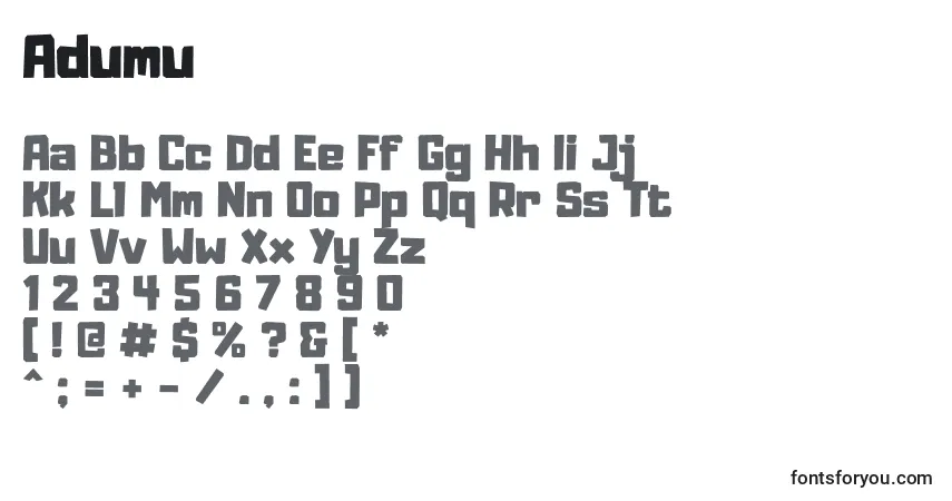 Schriftart Adumu (118776) – Alphabet, Zahlen, spezielle Symbole