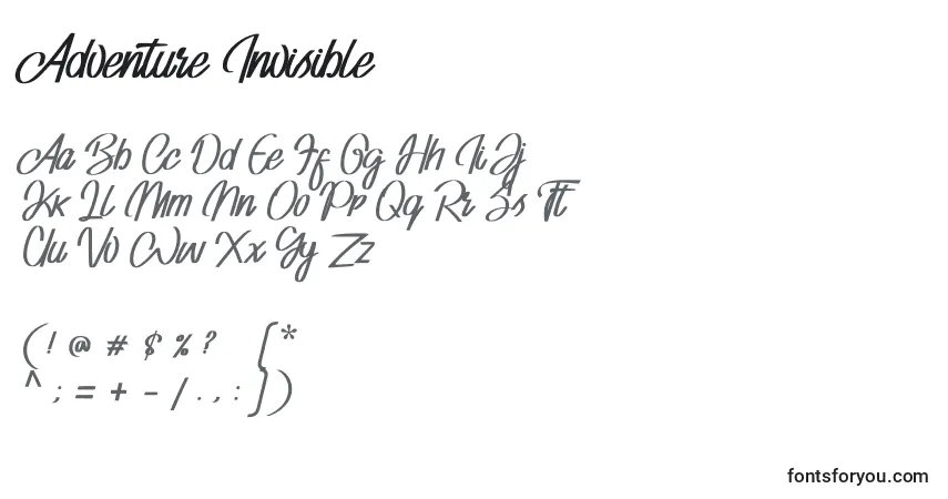 Czcionka Adventure Invisible – alfabet, cyfry, specjalne znaki