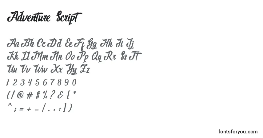 Czcionka Adventure Script – alfabet, cyfry, specjalne znaki