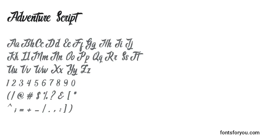 A fonte Adventure Script (118784) – alfabeto, números, caracteres especiais