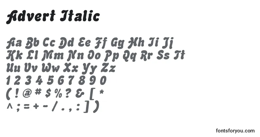 Czcionka Advert Italic – alfabet, cyfry, specjalne znaki