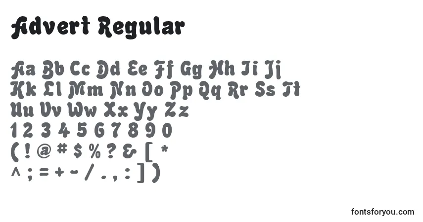 Schriftart Advert Regular – Alphabet, Zahlen, spezielle Symbole