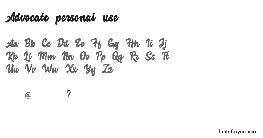 A fonte Advocate personal use – alfabeto, números, caracteres especiais