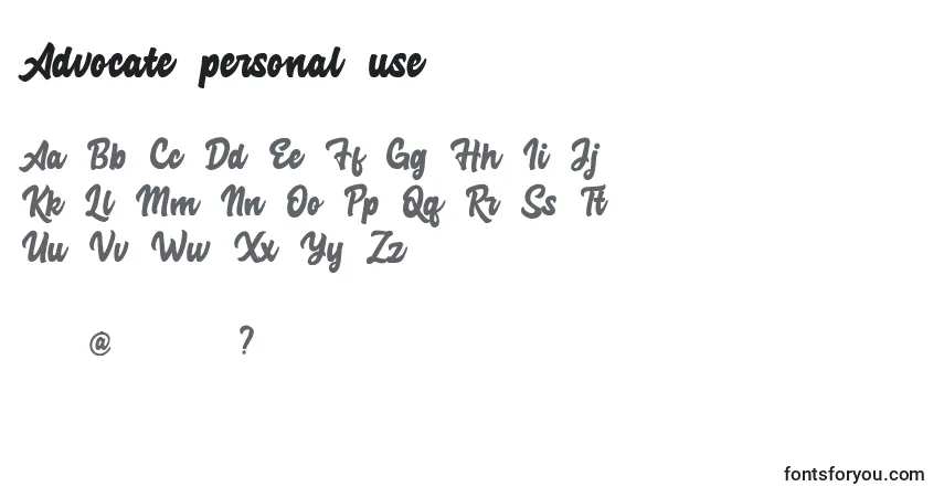 A fonte Advocate personal use (118790) – alfabeto, números, caracteres especiais