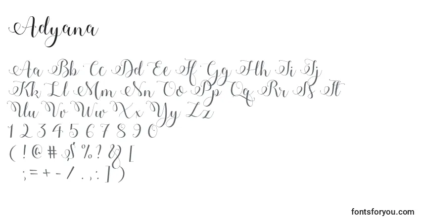 Czcionka Adyana – alfabet, cyfry, specjalne znaki