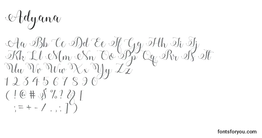 A fonte Adyana (118792) – alfabeto, números, caracteres especiais