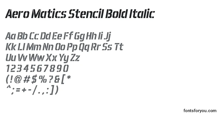 Schriftart Aero Matics Stencil Bold Italic – Alphabet, Zahlen, spezielle Symbole