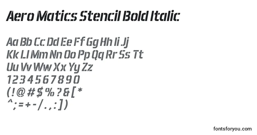 A fonte Aero Matics Stencil Bold Italic – alfabeto, números, caracteres especiais