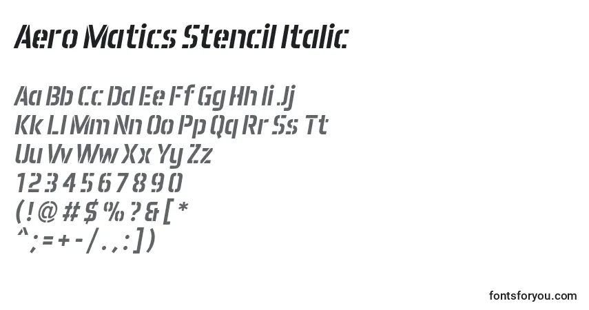 A fonte Aero Matics Stencil Italic – alfabeto, números, caracteres especiais
