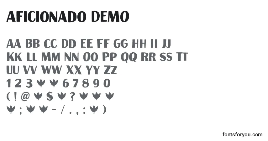 Schriftart Aficionado DEMO – Alphabet, Zahlen, spezielle Symbole